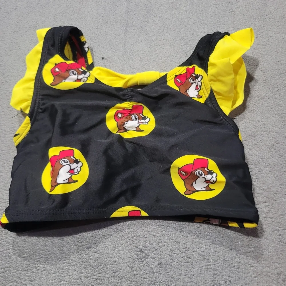 Buc-ee's Swim Bikini Top Girls 2T Black Yellow Beaver Logo Ruffle Bow Back Texas